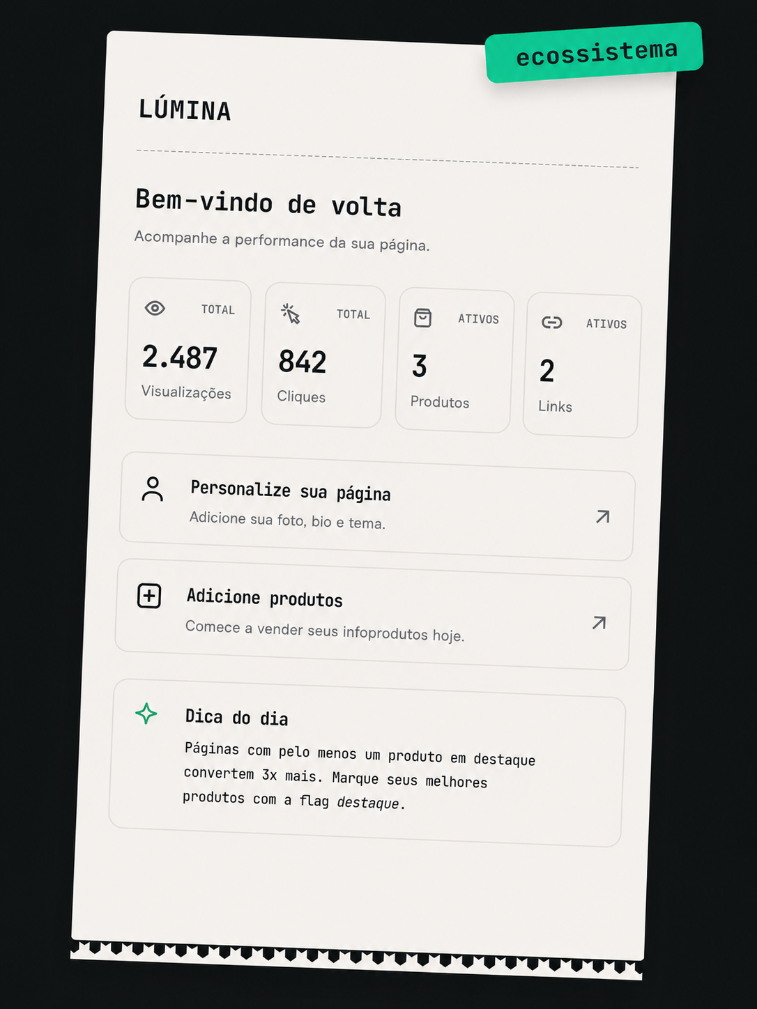 Mockup do painel Lúmina em formato de recibo